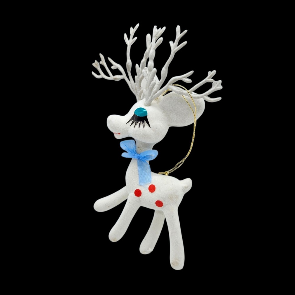 VTG White Flocked Velvet Fawn Reindeer Deer Christmas Ornament MCM Coquette READ